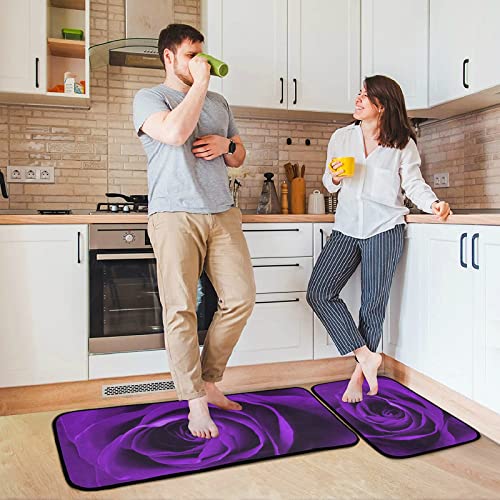 Cataku Valentine's Day Purple Rose Kitchen Rugs Sets Of 2 Non Slip Kitchen Mat Polyester Area Rugs Set Floor Mats Washable Carpet Mat Comfort Standing Mat For Kitchen Laundry Sink Office #TOP1