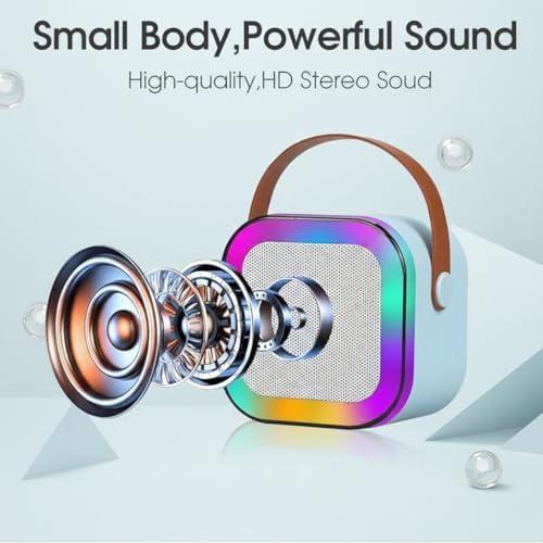 Image of Portable Karaoke Machine with Wireless Microphone, Bluetooth Speaker System, RGB LED Lights, Voice Effects, Rechargeable Battery, Light Blue