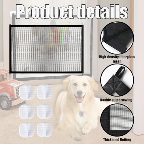 1-Piece 110x72cm Dog Gate With 6 Hooks, Stair Gates for Dogs No Drilling Installation, Cat Gate with 6 Hooks for Stairs and Doorways, Expandable Mesh Pet Barrier for Home and Travel Use - Image 3