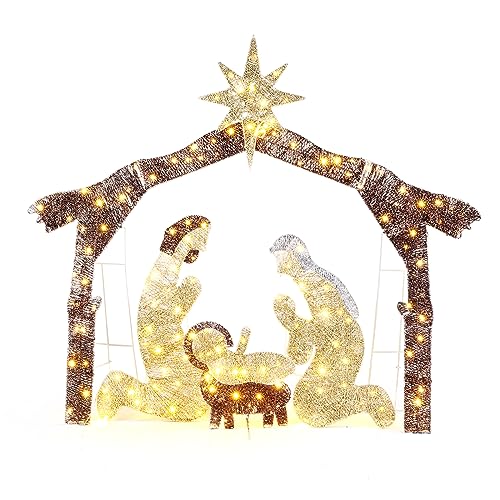 Pinikuyiro 6FT Lighted Outdoor Nativity Scene Decoration, Christmas Holy Family Yard Decoration with 190 LED Lights, Stakes, Zip Ties (Brown)