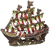 Penn-Plax Striped Sail Shipwreck Aquarium Decoration Ornament Colorful Red and White Design 8.25 Inch