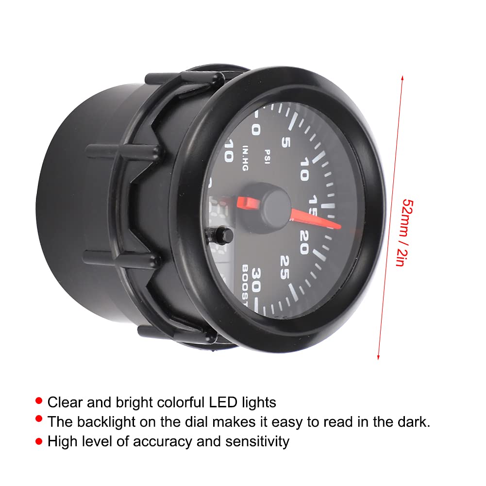CHICIRIS 52 Mm 7-Farben-LED-Turbo-Ladedruckanzeige, Hochgeschwindigkeits-Schrittmotor mit Klarem Zifferblatt mit Hintergrundbeleuchtung, für 0–30 PSI IN.HG Fahrzeug-Turbolader-Messgerät