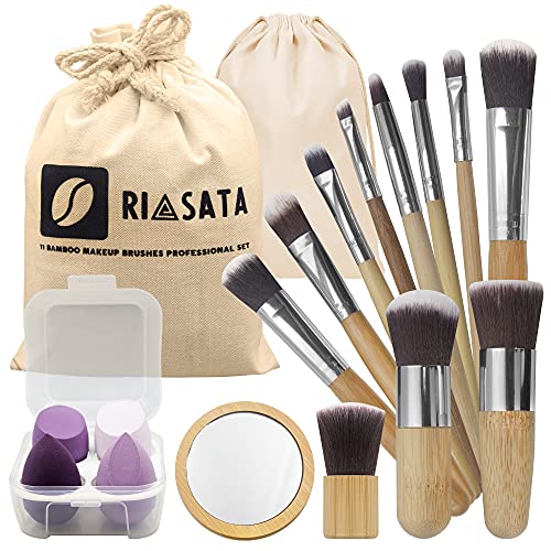 RIASATA 11-Pcs Set Professional Bamboo Handle Makeup Brushesâ€“Cruelty Free Kabuki Cosmetic Kit-Bonus Gift 4-Pack Beauty Blender Make Up Sponges and Mirror-Blending, Foundation, Contour kit with Lenin organizer bags