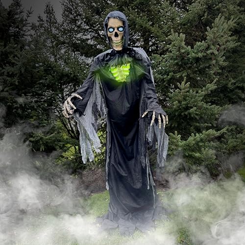 Haunted Hill Farm Motion-Activated 10-Ft. Tall Towering Reaper, Plug-in Talking Scare Prop Animatronic with Spooky Sound Effects and Lights for Indoor or Covered Outdoor Creepy Halloween Decoration