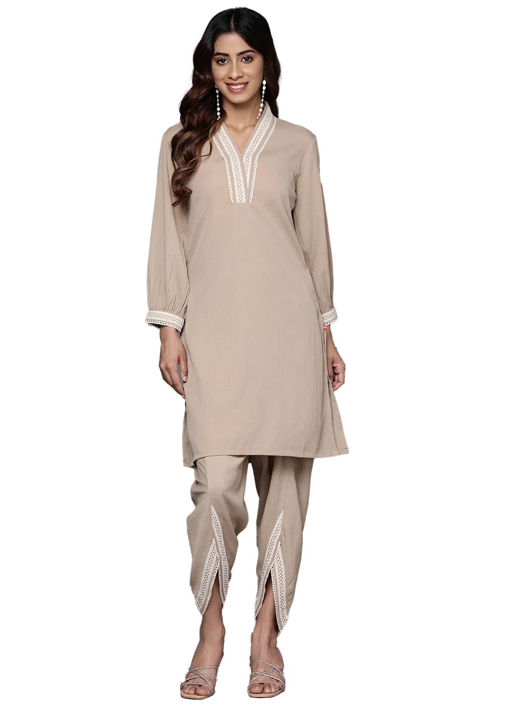 Varanga Women Beige Cotton Lace Detailed Co-Ord Sets