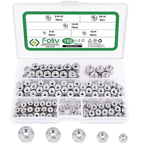 FOLIV 180PCS 304 Stainless Steel Hex Lock Nuts 1/4-20 5/16-18 3/8-16 8-32 10-24 Nylon Locknuts Insert Nut Assortment Kit