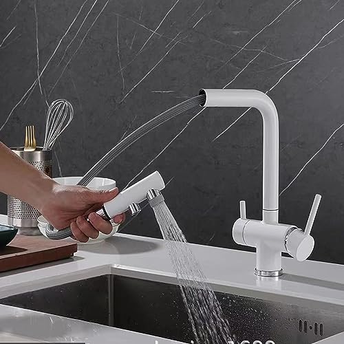 Robinet de cuisine pivotant 3 voies blanc chrome anti-mélange eau