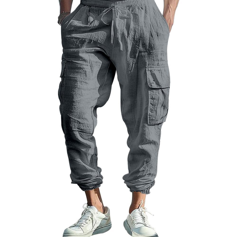 ZOCANIA Mens Linen Cargo Pants Casual Elastic Waist Drawstring Trousers with Multi Pockets Baggy Sweatpants for Men
