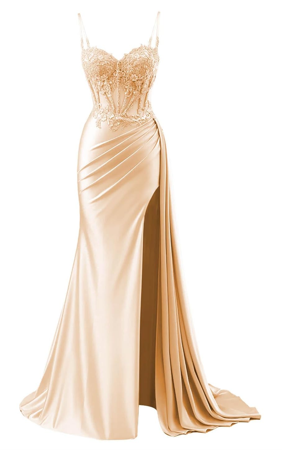 YIANN Spaghetti Strap Satin Prom Dresses with Lace Applique Mermaid Long Formal Evening Gown Rose Gold UK10