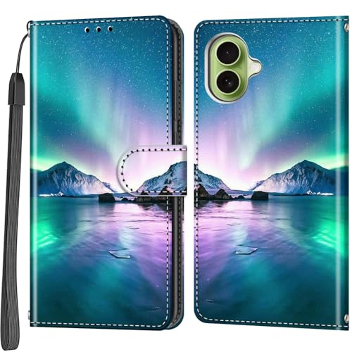 Salanheo Coque pour iPhone 17, Housse en Cuir PU Etui à Rabat Pochette de Antichoc Portefeuille avec Fentes pour Cartes Ocean Aurora