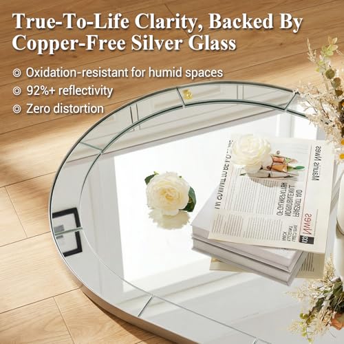 Image of MOON MIRROR Arched Mirror for Bathroom, Bathroom Mirrors for Over Sink, 30x40 inch Brushed Nickel Non-Rusting Vanity Mirror in Delicate Tessellated Glass Design