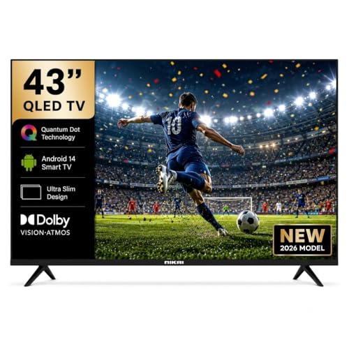 NIKAI 43 Inch QLED Smart TV Full HD 1080p | Android 14 | Built-in WiFi | Frameless Ultra Slim Design | 1GB RAM 8GB Storage | YouTube Facebook Web Browser | HDMI & USB | 20W Audio - NTV43QSLED