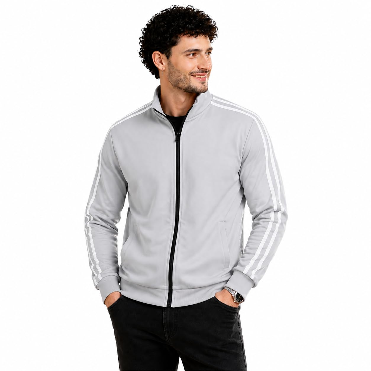 Men's Track Jacket with Stripe Detail, Full-Zip, Light Grey-picture-17