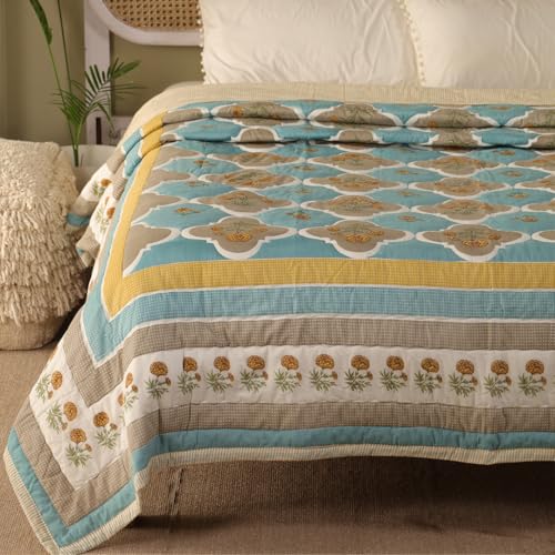 Image of Peepul Tree 100% Cotton Malmal AC Comforter 60 x 90 Inches, Best for Summers Lightweight, Soft, Breathable & Reversible AC Blanket for Single Bed, Teal & Taupe