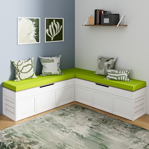 L-Shaped Corner Storage Bench with Cushion, Backless Wood Bench w...