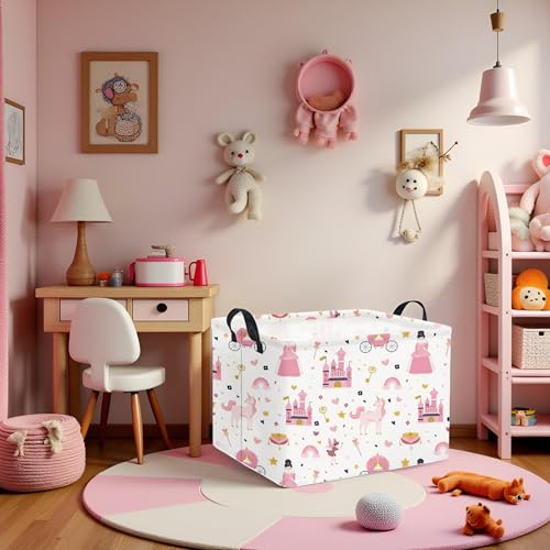 Image of Rectangular Kids Storage Basket Baby Storage Basket with Handles for Home Kitchen Boys and Girls Cute Toy Storage Bin Organizer Shelf Book Room Decor(Princess Castle)