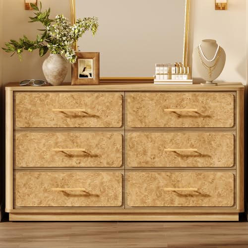 Image of SICOTAS 55 inch Extra Wide Dresser for Bedroom - Burl 6 Drawer Chest of Drawers