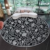 Waschbarer Teppich Rund 160 cm, Tuschemalerei Blätter Blumen Bordüre Runder Wohnzimmer Schlafzimmer Rutschfester Teppich, Grau Schwarz Kurzflor Carpet Living Room Bedroom Esszimmer Teppiche