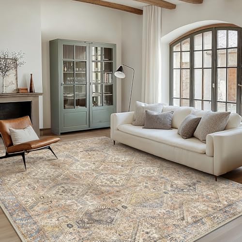 Area Rug 8×10 Machine Washable Large Ultra-Thin Chenille Vintage Distressed Print Bedroom Living Room Accent Rug, Low Pile Lightweight Non Slip with Gripper, in Wood Brown