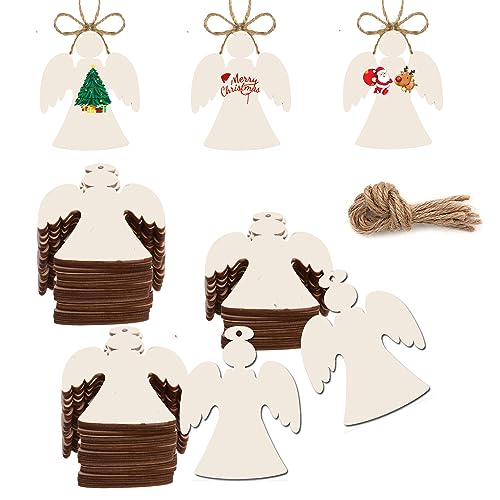 50PCS Unfinished Wood kit with Holes, Wooden Slice for DIY Crafts, Blank Wood Cutouts Wooden Tags Ornaments for Sign Gift Tags, Christmas Decorations Indoor Outdoor Decor (Angel Shape)