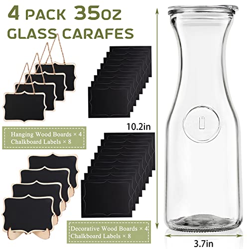 Tomnk Glass Carafe With Lids For Mimosa Bar, 1 Liter Set Of 4 Glass Pitchers Mimosa Bar Supplies, Carafes & Pitchers For Brunch Juice Iced Tea, 8 Wooden Chalkboard Tags And 8 Labels Included #TOP1