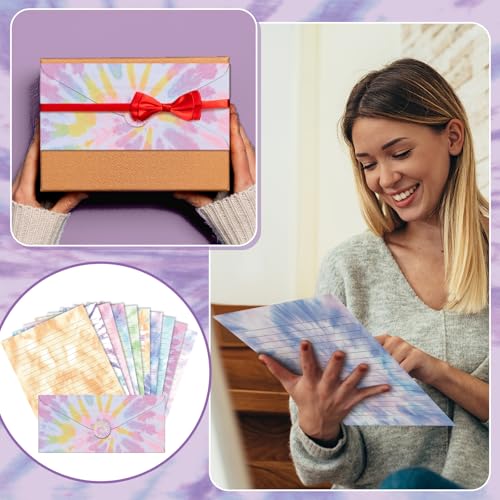 Image of TaoBary 160 Pcs Stationery Paper Set 50 Double Sided Stationery Papers with 50 Matching Envelopes and 60 Round Dot Sticker, 10 Design(Tie Dye,8.5 x 11 Inch)