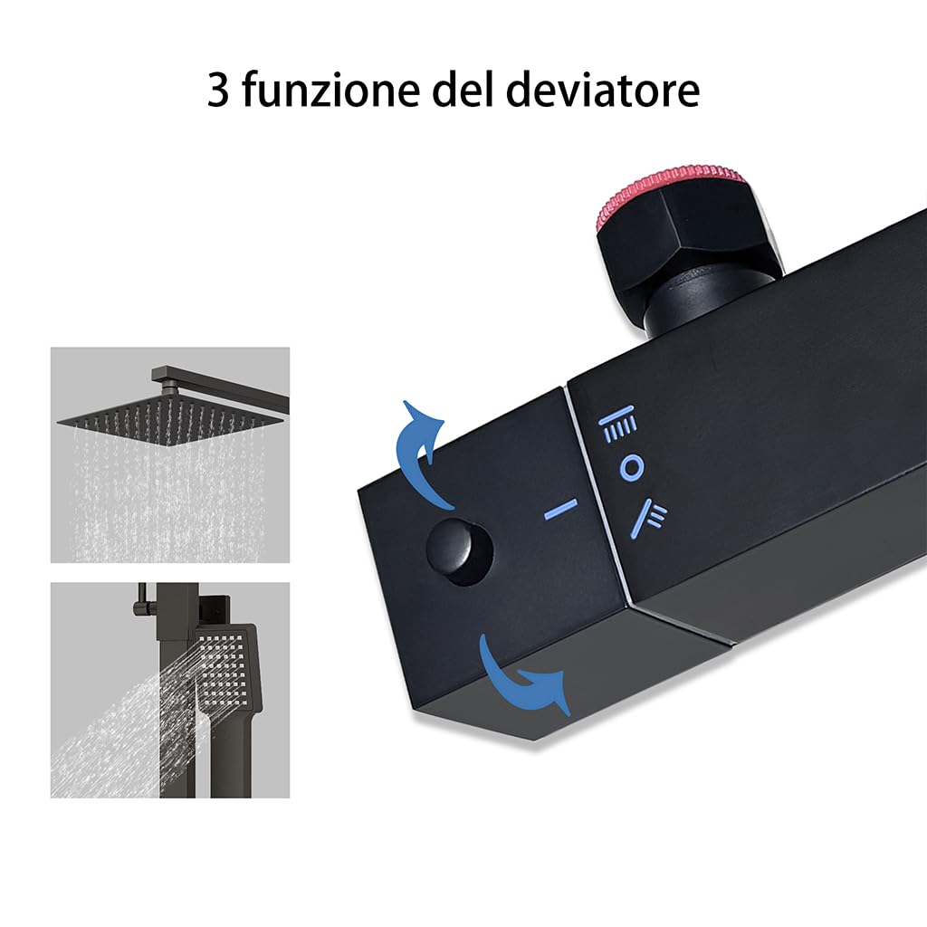 AICA Colonna Doccia con Miscelatore Termostatico, Rubinetto Doccia 283x40mm, Soffione Doccia Quadrato in Acciaio Inox 20x20cm, Altezza Regolabile 730-1150mm, Set Doccia Completo Nero