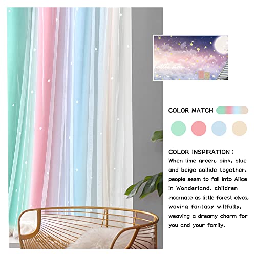 Weltop Christmas Kids Curtains Blackout Star Cutout Double Layer Drapes Light Blocking Window Treatment With Grommet Top Free Tie-Backs For Bedroom Living Room, Lime/Pink, 52 W X 72 L, Set Of 2 #TOP2