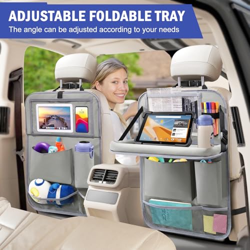 Image of 2Pack Car Backseat Organizer with Foldable Table Tray,6 Storage Pockets Car Storage Organizer with Tablet Holder,Car Seat Back Protectors Kick Mats Travel Accessories (Grey)