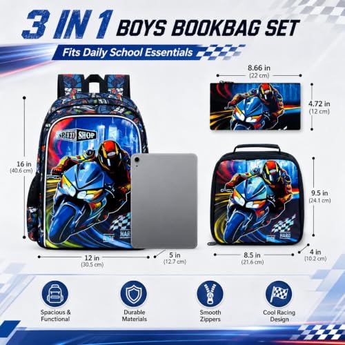 Image of HPJGD 3PCS Boys Motocycle Backpack, Water Resistant Kids Bookbag Set with Lunch Box, Cute School Bag for Preschool Toddler