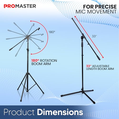 ProMaster Tripod Microphone Stand - Universal and Adjustable Professional Audio Telescopic Gooseneck, Boom Arm Tripod Microphone Stand with Universal ⅝” Adapter - Black