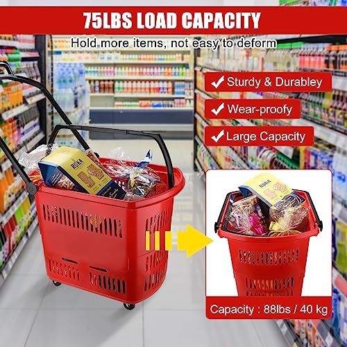 Ripeng 6 Pcs 45L Shopping Carts, Large Plastic Rolling Shopping Basket With Wheels, Red Shopping Baskets With Handles, Retail Shopping Basket Carts Set Portable Shopping Basket Set For Retail Store #TOP2