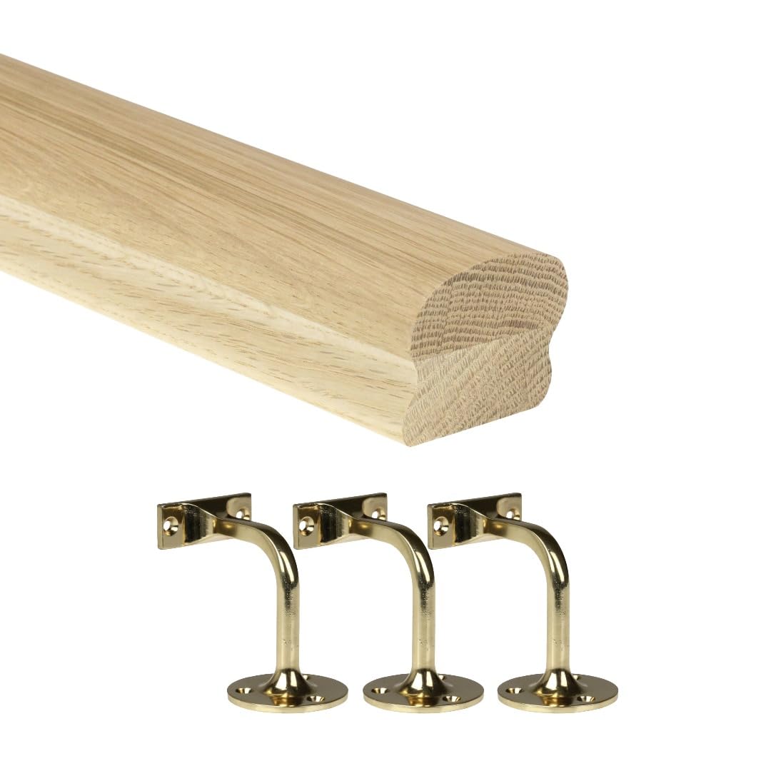Jackson Woodturners Oak/Brass Cottage Loaf Handrail Kit 66X45mm Engineered With Wall Brackets – Various Lengths 1800Mm 2400Mm 3600Mm 4200Mm (1800Mm + 3 Wall Brackets)
