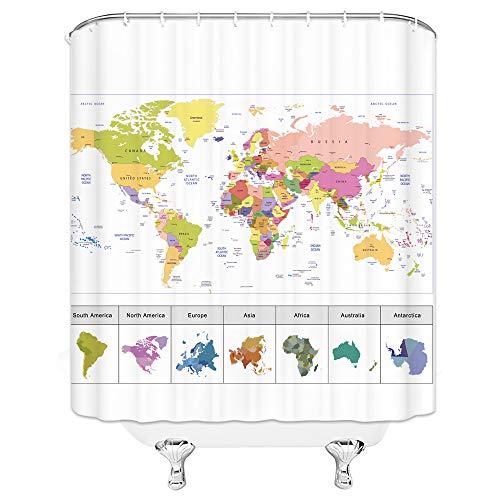 World Map Shower Curtain Countries And Cities Educational Travel Geography Capital Map Major Cities Continent Fabric Bathroom Decor Curtain With Hooks #TOP2