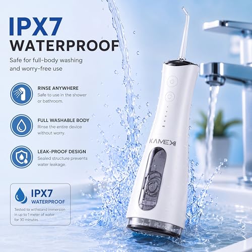 Image of KAMEX Cordless Water Flosser for Teeth Cleaning: Portable Oral Irrigator with 300ML Tank, 5 Jet Tips, 4 Modes, 40-120 PSI, IPX7 Waterproof, Rechargeable Dental Water Pick for Braces & Sensitive Gums