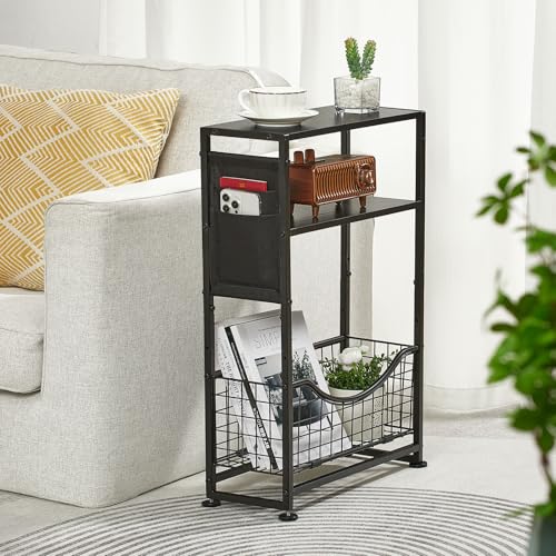 ZEXVIDA Mesa auxiliar estrecha, mesa auxiliar delgada de 3 niveles con soporte para revistas y almacenamiento de tela, sofá moderno, mesita de noche delgada para espacios pequeños, sala de estar