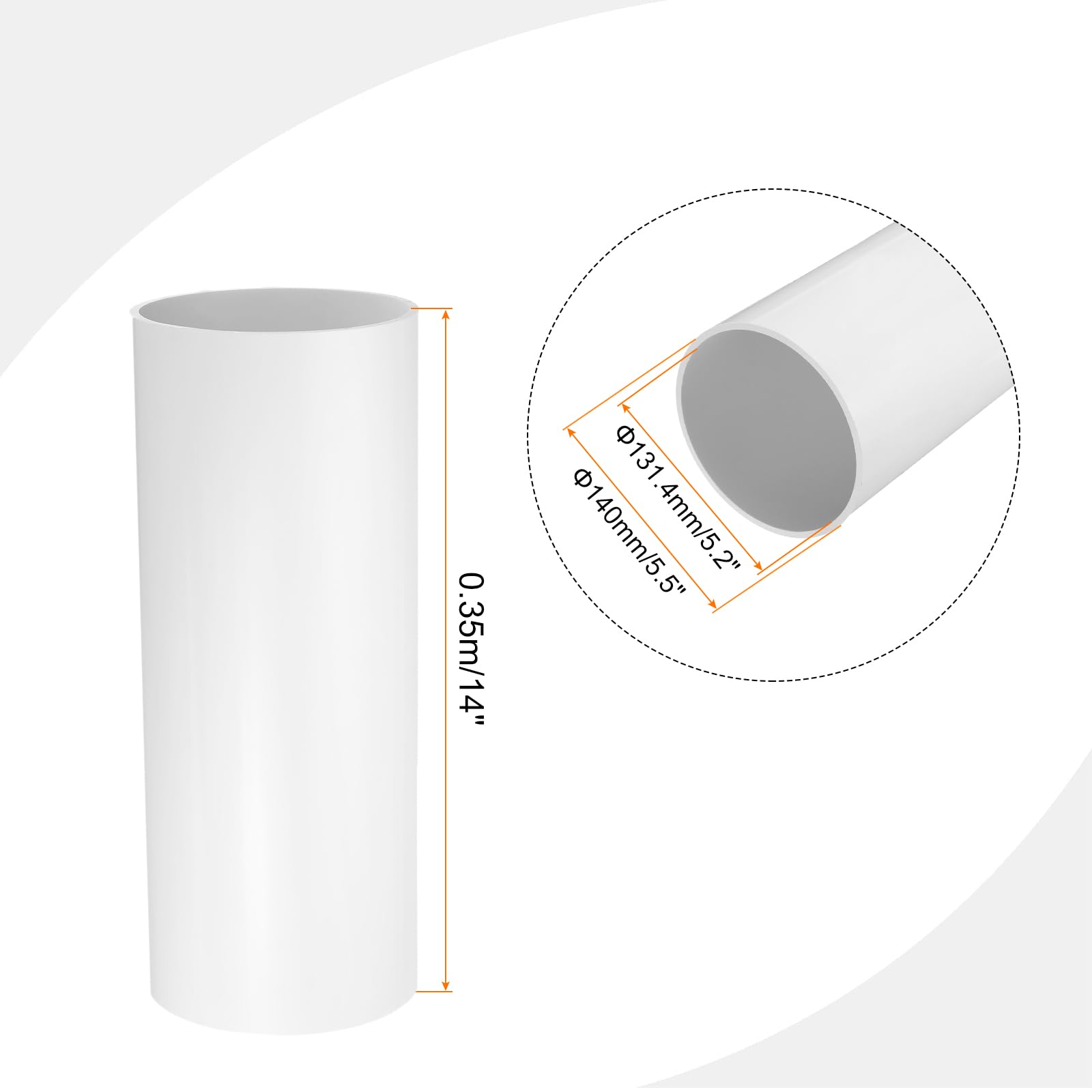 sourcing map Tubo rígido de PVC de 5,5 pulgadas, tubo redondo de 131,4 mm de diámetro interior de 140 mm de diámetro exterior de 35 cm de longitud, color blanco de alto impacto para tubería de agua,