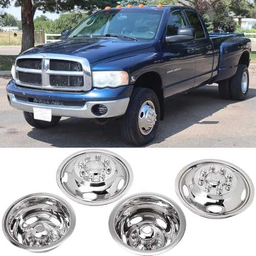 Image of 4pcs 17inch Polished Stainless Steel Dually Wheel Simulators, Bolt On Wheel Cover with Removable Centre Cap, 8 Lug Hubcaps fit for 2003-2018 Dodge Ram 3500 C17D8