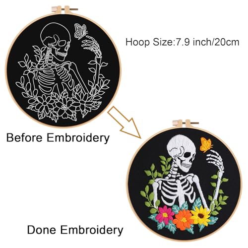 Image of Louise Maelys Halloween Embroidery Kit with Skeleton, Flower and Butterfly | DIY needlepoint kit complete set, the cross stitch kits includes fabric hoop threads needles and instructions