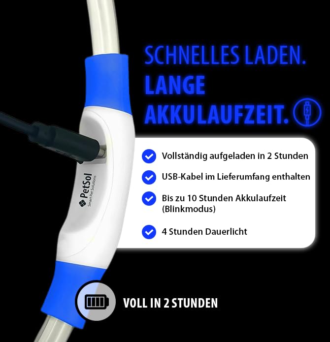 PetSol LED-Hundehalsband in Blau – wiederaufladbares USB-Sicherheitshalsband mit blinkendem Licht für Hunde, Katzen und Welpen – Größe S, M und L – modisches, im Dunkeln leuchtendes Design