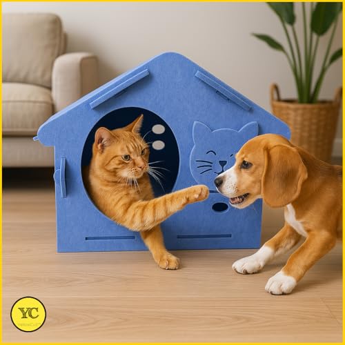 Image of YellowCult Foldable Small Pet House for Hamsters Guinea Pigs Rabbits Kitten Cats - Felt Fabric Indoor Hideout Bed for Small Animals, Cozy Durable Pet Cave Shelter Lightweight Design Blue (50 X 38 cm)