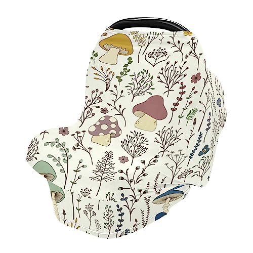 Image of Moudou Mushroom Baby Car Seat Cover, Soft Stretchy Infant Carseat Canopy Cover Newborn Nursing Breastfeeding Cover for Stroller, High Chair, Shopping Cart