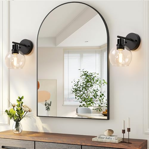 Image of Indoi Matte Black Wall Sconces Set of 2, Clear Glass Vanity Light Fixtures with E26 Base, Reversible Up or Down Wall Lights for Living Room, Bathroom, Bedroom, Hallway, Kitchen