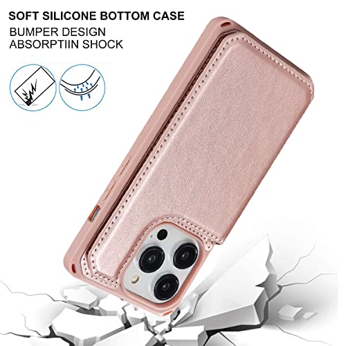 Image of Cavor for iPhone 14 Pro Wallet Case with Card Holder for Women Men,Stand Credit Card Holder Phone Case, Leather Strap Cover- Rose Gold