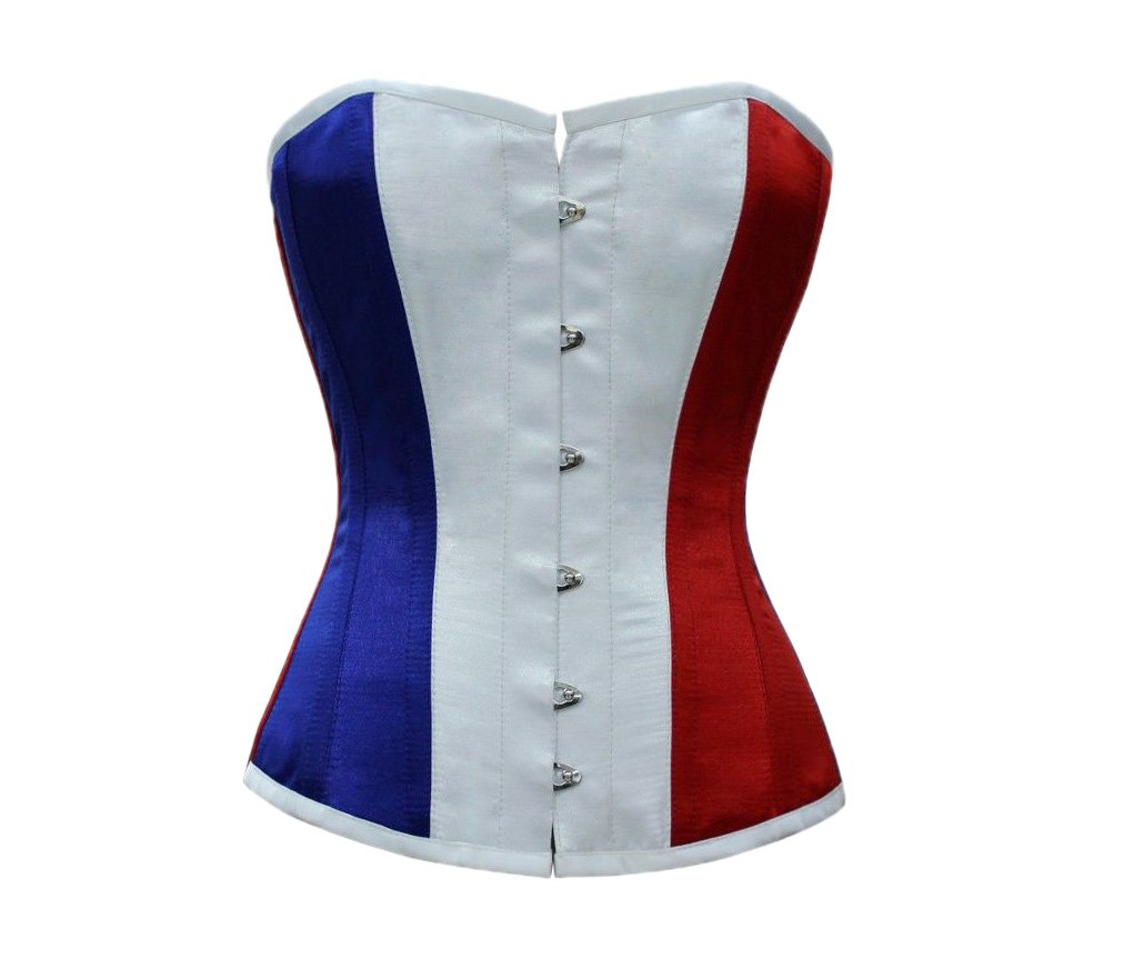 Red White Blue Satin France Flag Waist Cincher Bustier Plus Size Overbust Corset
