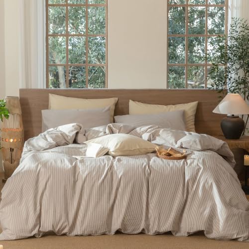 Image of MooMee Striped Duvet Cover Set 100% Washed Cotton Linen Like King | Relaxed Linen-like Texture. Soft, Breathable & Long-lasting Comfort. Lightweight. Hidden Zipper with 8 Interior Corner Ties
