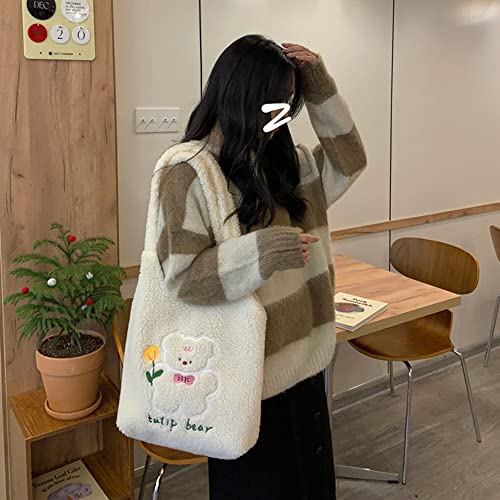 MEGAUK Women Faux Fur Tote Bag Girls Cute Bear Fluffy Shoulder Bag Plush Bag For Shopping Dating, White Lamb Velvet Tulip Bear - Image 4