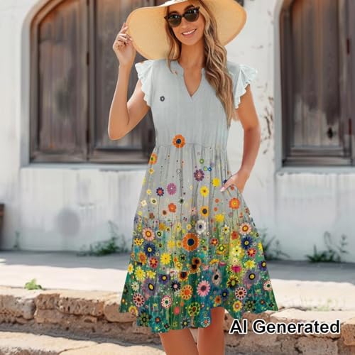 Image of Womens Summer Dress Ruffle Sleeve V Neck Dress Casual Fit Flowy Beach Vacation Sundress with Pocket S-2XL
