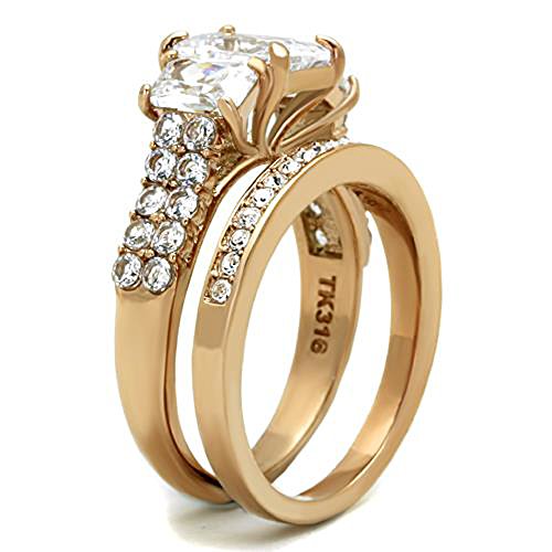 Marimor Jewelry Women's Stainless Steel 316 Rose Gold Emerald Cut Zirconia Wedding Ring Set2