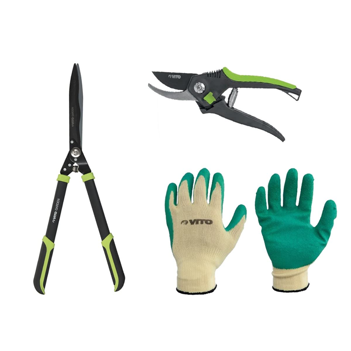 VITO - Taille haie Cisaille de Jardin Lame 27,5 cm + Gants de Jardin + Sécateur 20 cm Pack Entretien du Jardin